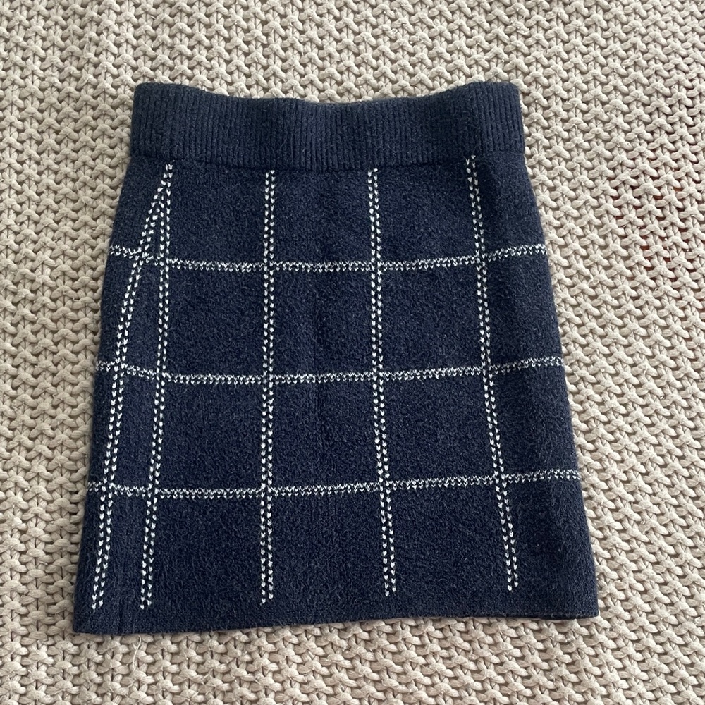 Navy Checkered Knit Mini Skirt